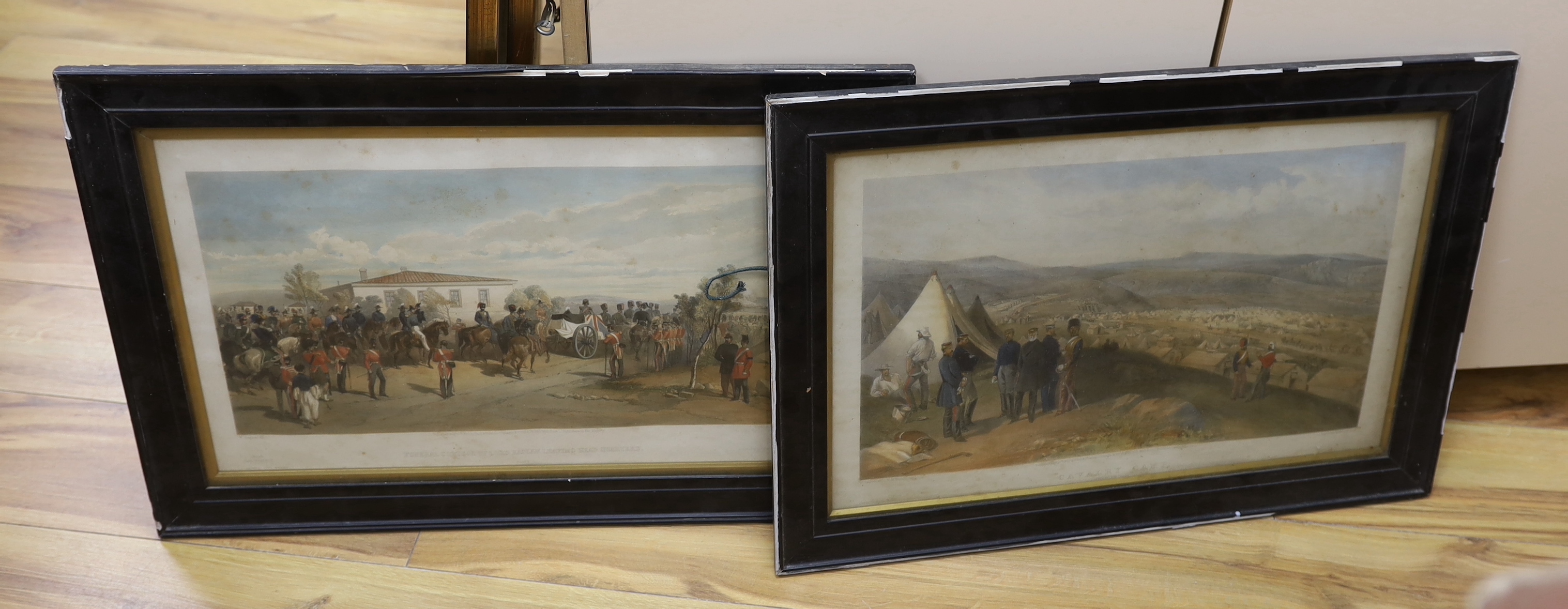 W. Simpson, two hand coloured lithographs, 'Funeral cortege of Lord Raglan' and 'Cavalry Camp', 28 x 46cm